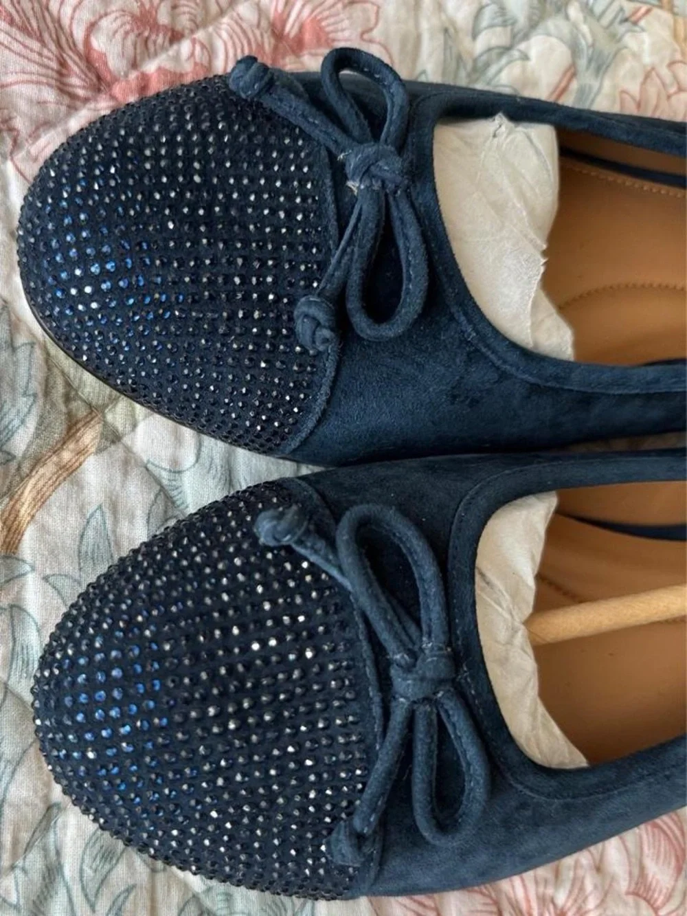 Talbots Navy Suede Ballet Flats with Crystal Toe and Bow
